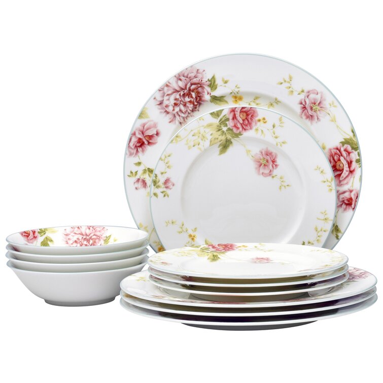 Noritake Peony Pageant 12 Piece Bone China Dinnerware Set, Service